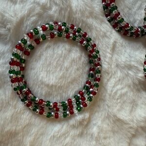 Artisan Made Festive Christmas Beaded Bracelet Set - Red, Green, Clear & Silver